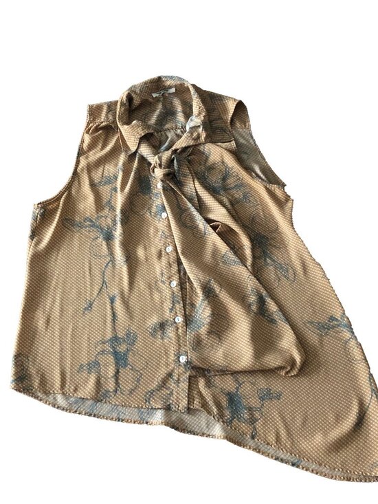 Daniel Rainn Tops - Y2K Daniel Rainn Sleeveless Floral Tie Bow Blouse Tan Blue Asymmetrical Hem Size
